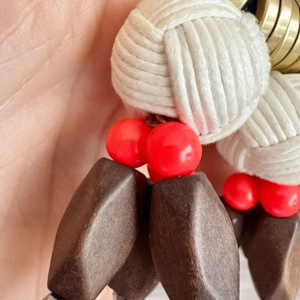 J Crew Nautical boho Rope Ball Wooden Bead Long Necklace Blue Orange Gold 30